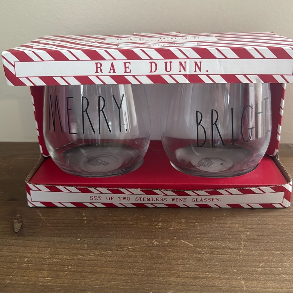 Holiday Rae Dunn "Merry" & “Bright” wine Glasses set of 2 new